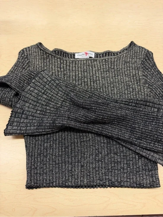 Metallic Ribbed Boatneck cropped Sweater - Black & Silver bell sleeves