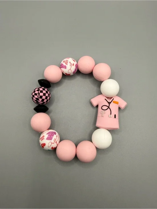 Pink Nurse Scrub Bead Silicone Keychain Bracelet - Handmade #K0314C