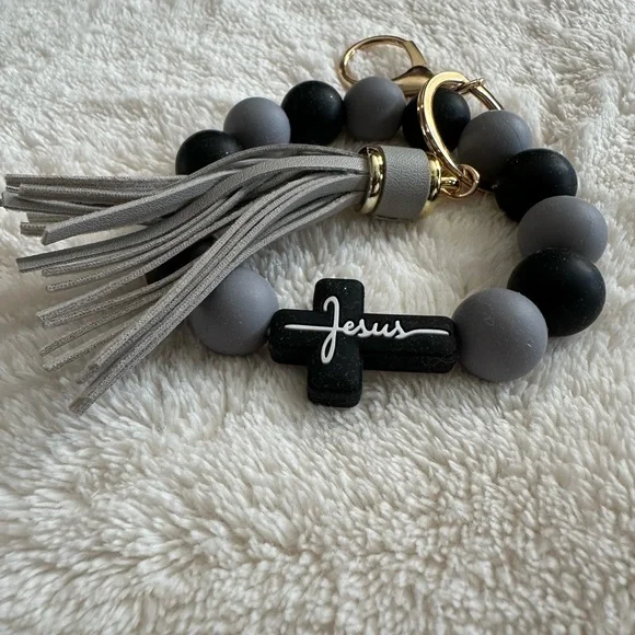 Wristlet Keychain Jesus Cross Tassel Black & Gray Beaded Keychain Bracelet NWT