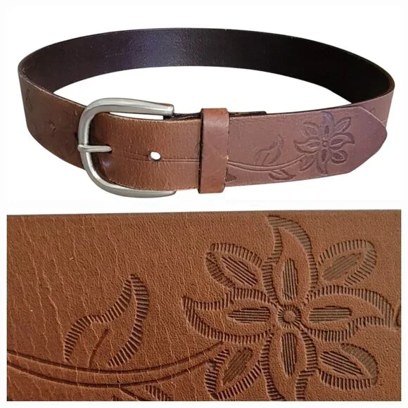 Genuine Leather Tooled Brown Western Floral Belt Made in India NEW Size M