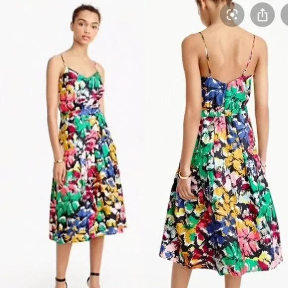 J Crew Silk Floral Brushstrokes Spaghetti Strap Midi Dress