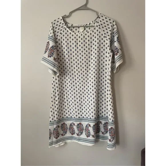 Yellow Star Womens Small Floral Short Sleeve Blue and White Pattern Dress Vintag