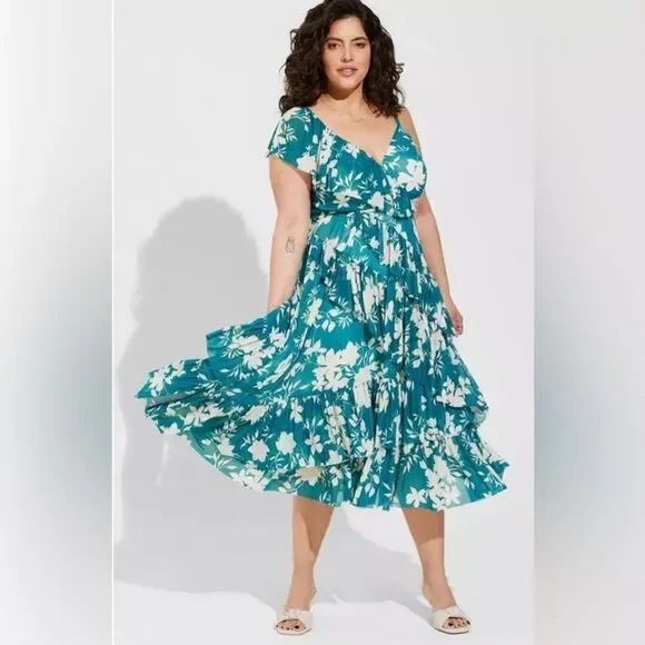 TORRID Teal White Floral Tiered Midi Mesh Ruffle Surplice Dress 12