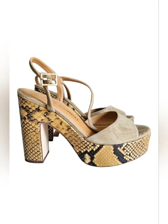 Tory‎ Burch Tan Suede Snake Print Platform Heels Sandals Statement Shoes Sz 7.5
