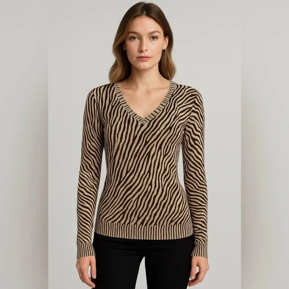 Express Design Studio Women’s Zebra Print Sweater Size L Beige and Brown Preppy