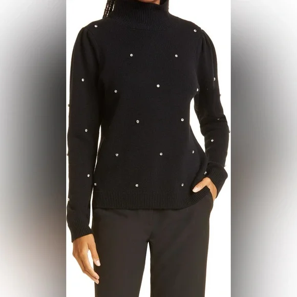Milly Crystal Embellished Turtleneck Merino‎ Wool Blend Sweater