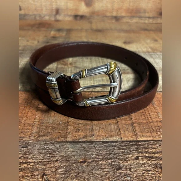 VTG Fossil Belt Womens Large Brown Leather 2-Tone Silver Brass Buckle Band