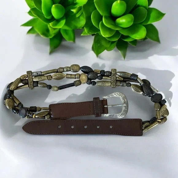 Vintage The Limited Genuine Leather Beaded Brown Belt Retro 90's Boho