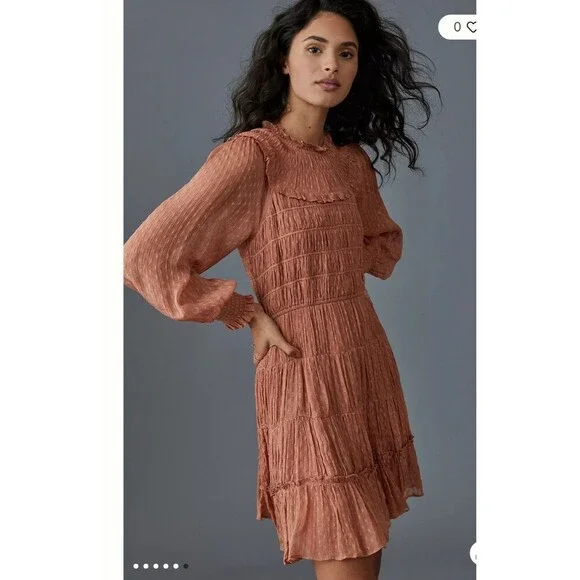 ANTHROPOLOGIE Dalia Smocked Mini Dress Size XS Rust Rose Pink Ruffle Tiered‎