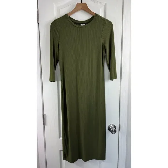 A New Day Ribbed Knit Midi Dress Green 3/4 Sleeve Rayon Spandex Women's S Small