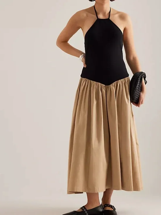 Anthropologie Tan Gathered Drop Waist Midi Halter Dress