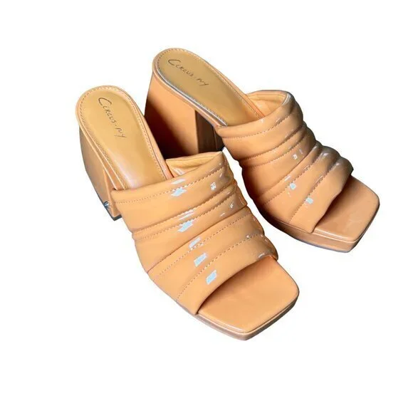 Circus NY Orange Platform Slides Patent Leather Chunky‎ Heel Padded Tops Size 9
