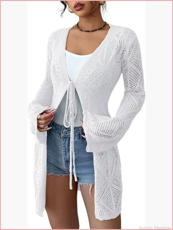 Boho Crochet Sheer Mesh Beach Cover-Up Open Front Loose Knit Cardigan