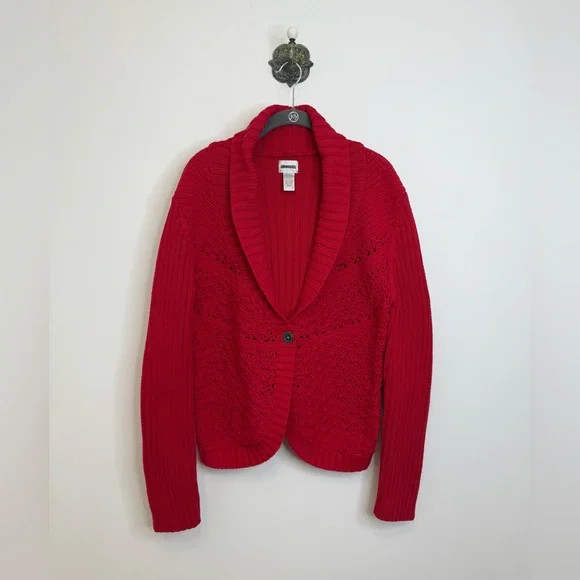 Chico's Red Ribbed Knit Crochet Cardigan Sweater Shawl Collar Women's Size Large