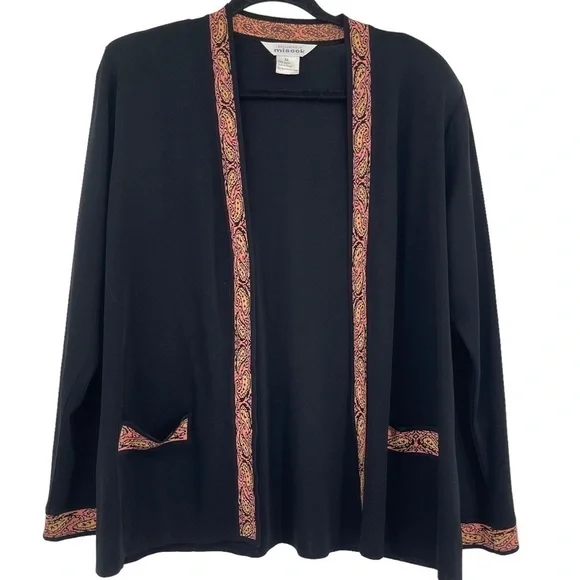 Exclusively Misook M Black Acrylic Knit Cardigan Sweater Pink Trim Pockets