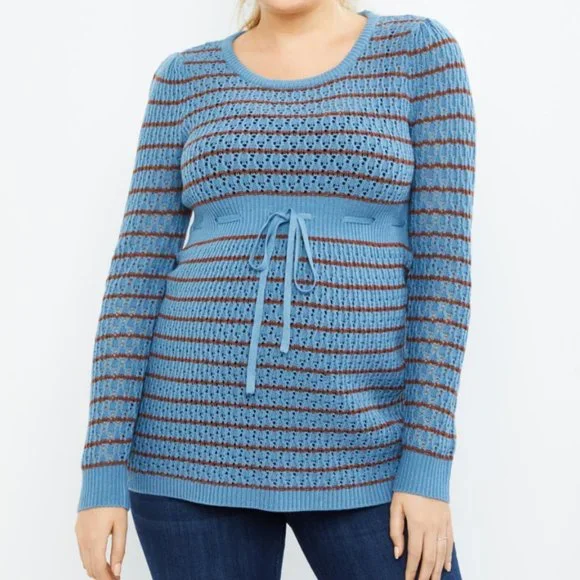 Motherhood Maternity Striped Pointelle Maternity Sweater Provincial Blue…