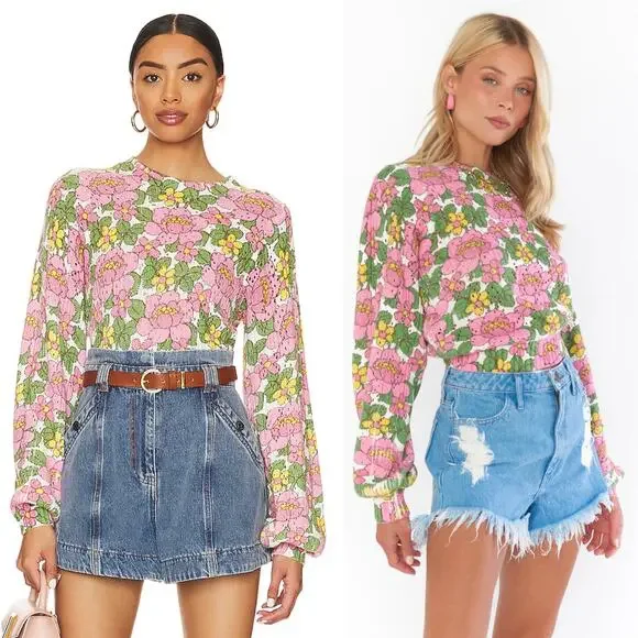 Show Me Your Mumu Pink/Green Floral Print Sweater Women's Size Small Crew Neck