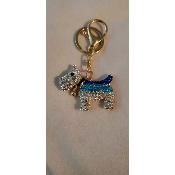 Encrusted Puppy Keychain with Blue Gemstones & Accent - Golden