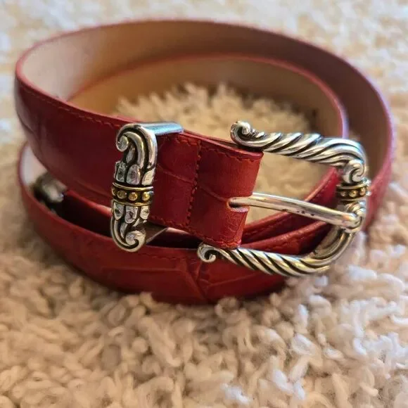 Brighton Red Leather Croc Embossed Belt Silver with Gold Accent Hardware Medium