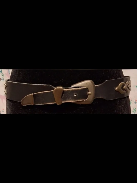 EUC Vintage Y2K Brighton Onyx Black Leather & Brass Stud Moto Goth Belt SZ M