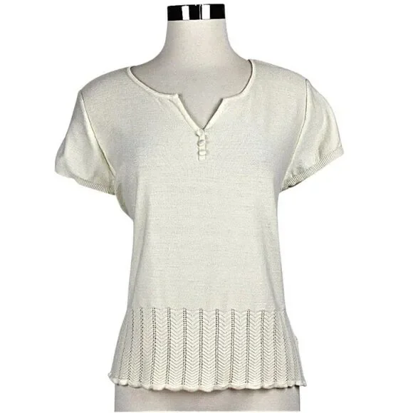 Sweater Short Sleeve  Round Split Neck Chevron Hem Patten Ivory Womens Petite XL