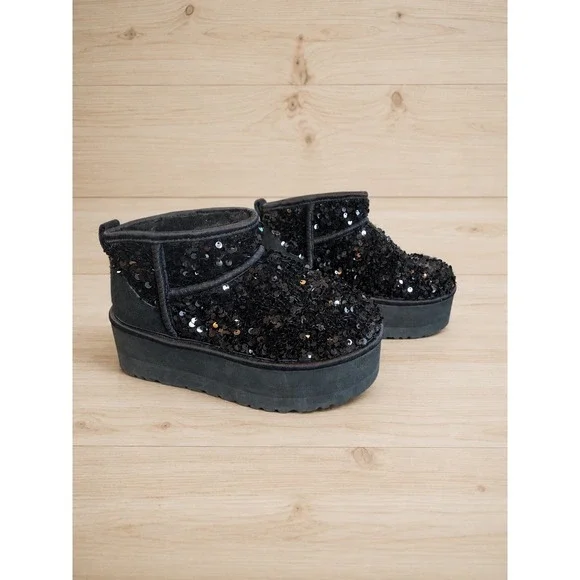 UGG Classic Ultra Mini Platform Sequin Boots Black Women's Size 8 EU 39