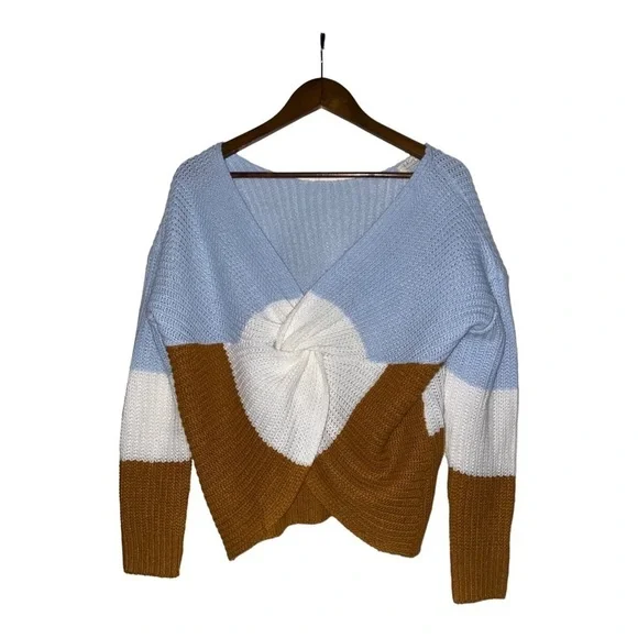 Women Full Circle Swirl Knot Twist Front Colorblock Knit Sweater L‎ Cozy Warm