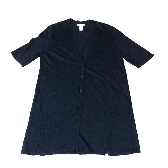 Womens J Jill Navy Blue Short Sleeve Cardigan Sweater Linen Blend Preppy Coastal