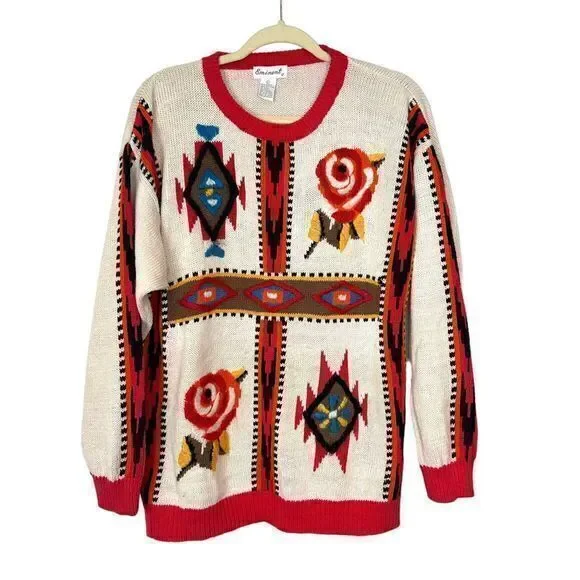 Emminent Womens Folk Art Embroidered vintage Crewneck Sweater Southwesterb Large