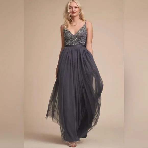 BHLDN Anthropologie Avery Beaded Tulle Maxi Dress Gown in Hydrangea Size 0