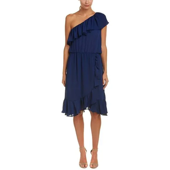 Parker NWT Blue Dress One Shoulder Asymmetrical Ruffle Solid Small