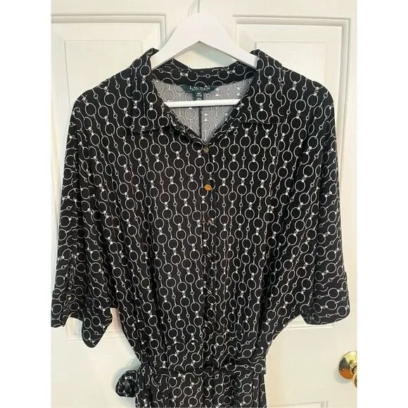 Lauren Ralph Lauren Black Equestrian Print 1/2 Button Belted Slinky Shirt Dress