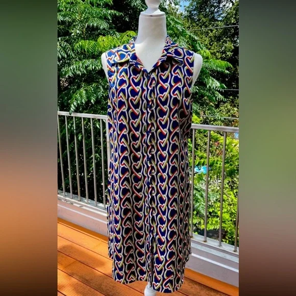 Cabi Amour Dress Size S Heart Chain Print Navy Blue White Collared Casual