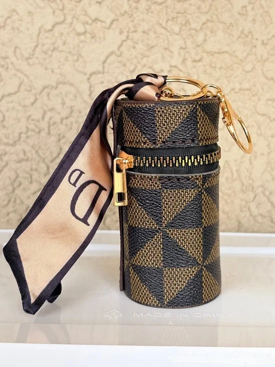 Brown Geometric Cylinder Keychain Pouch with Scarf Accent