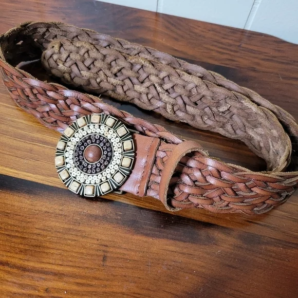 Boho Woven Leather Belt with Beaded Statement Buckle