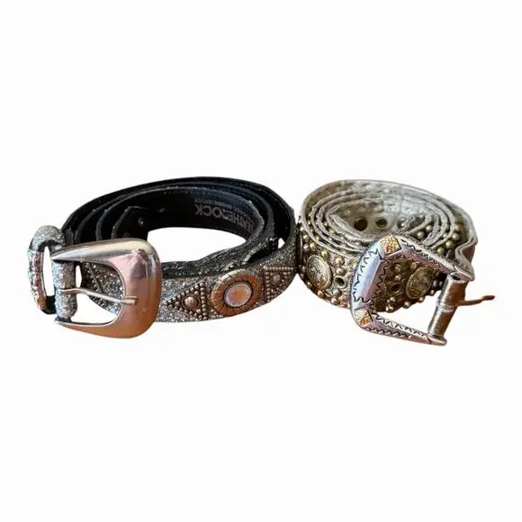 Western Boho Belt Bundle Leatherock Silver Glitter & Studded Concho Leather Belt