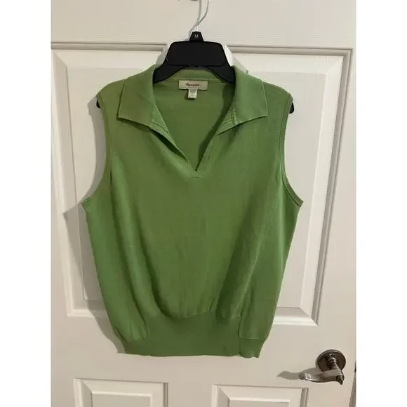 Faconnable Silk Cotton Knit Sleeveless Polo V Neck Johnny Collar Sweater Green L