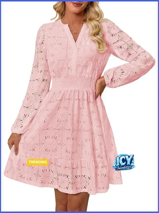 Long Puff Sleeve Floral Mini Dress V Neck Hollow Out Eyelet Lace Embroidery