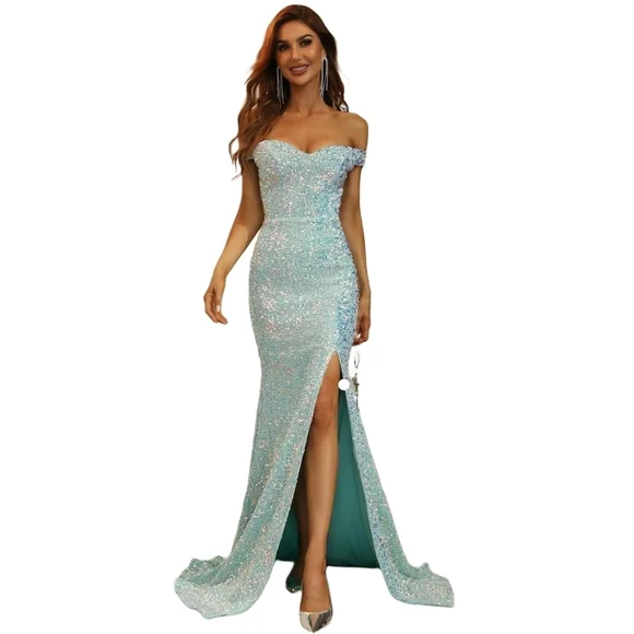 Faeriesty Mint Off Shoulder Sweetheart Neck High Slit Sequin Party Dress Size XS