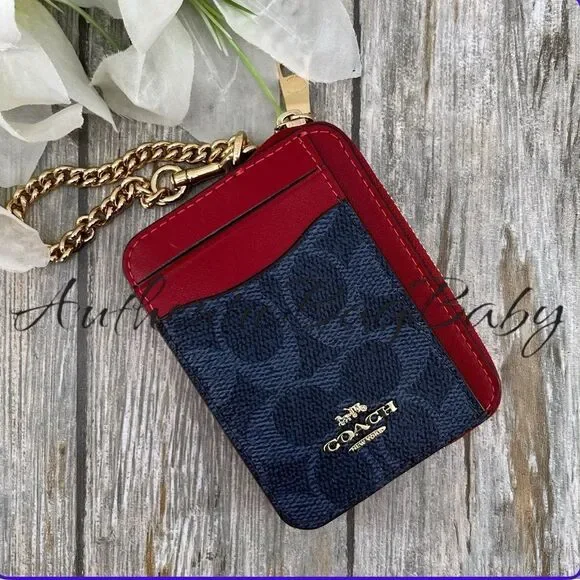 Coach Zip Card Case In Signature Canvas With Varsity Print Wallet Bag