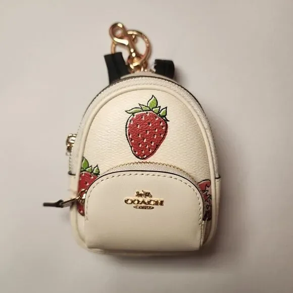 NWT Coach CAO93 Mini Court Backpack Bag Charm with Strawberry Print