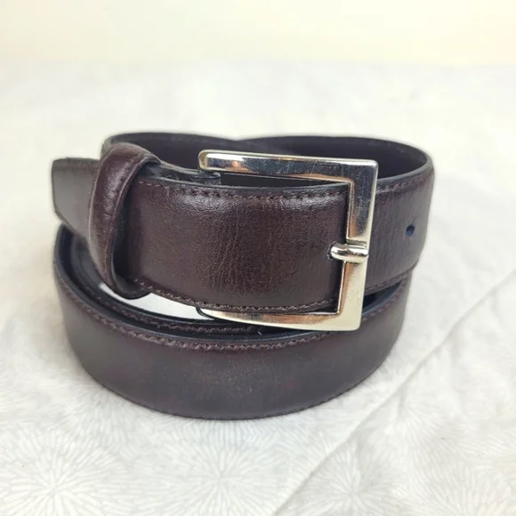 Espresso brown Italian leather belt square silver buckle minimal classic S/M