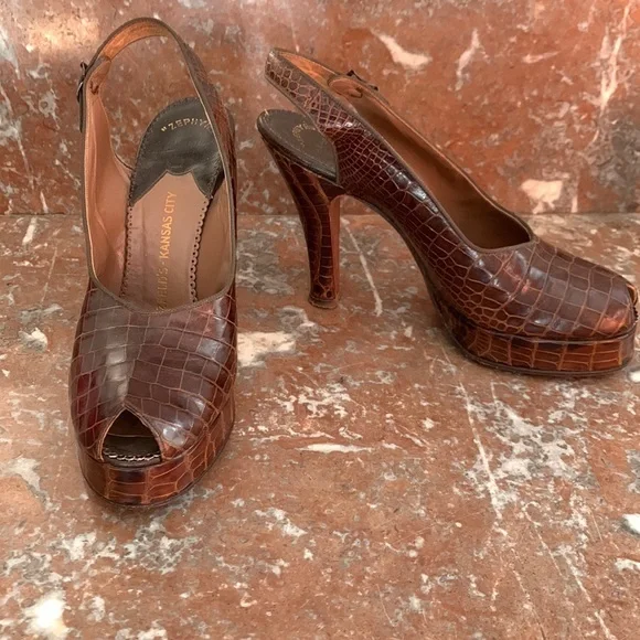 Vintage 1940’s WWII Alligator Peep Toe Slingback Platform Heels sz 6