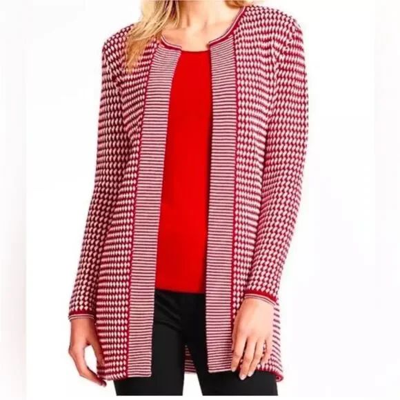 Talbots Red and White Women's 100% Merino Wool open front Cardigan size L