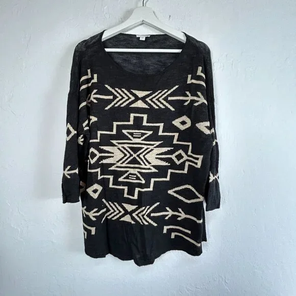 J. Jill Womens Black & Beige Aztec Knit Sweater Large Linen Blend 3/4 Sleeve