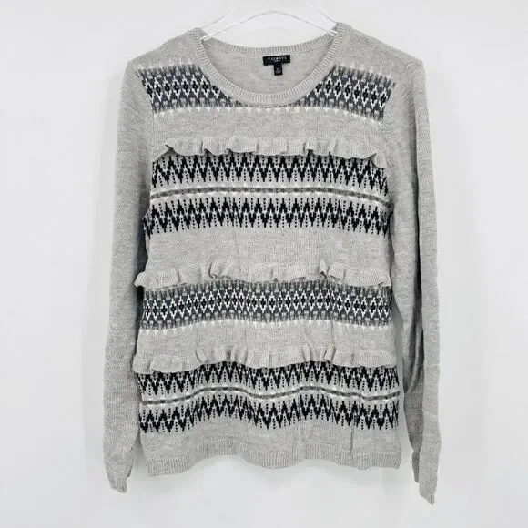 Talbots Petites Size Large Gray Fair Aisle Ruffled Lambswool Crewneck Sweater