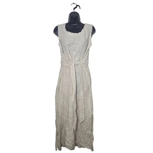 Marina Gigli Linen Dress Size Medium Sleeveless Eyelet Tie Waist