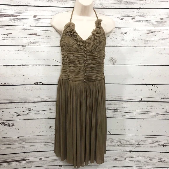 BCBGMaxAzria Halter Pleated Embellished Silk Blend Ruffle Dress