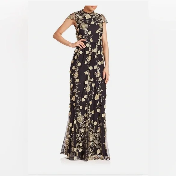 Alice + Olivia Aalihah Gown Gold Embroidered 3d Motifs Size XS