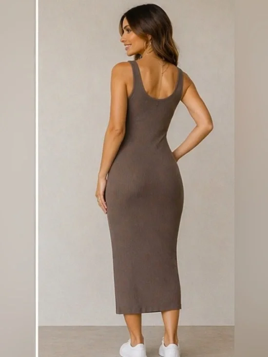 H&M Ribbed Sleeveless Maxi Dress in Taupe